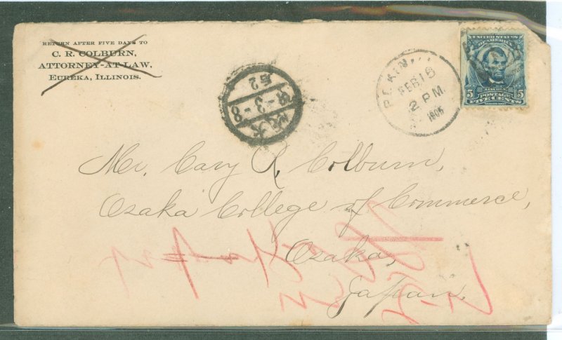 US 304 1905 5c Abraham Lincoln definitive franked this damaged (clipped corner) cover sent from Illinois to Osaka, Japan with re
