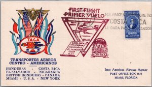 COSTA RICA 1943 POSTAL CACHET TACA FIRST FLIGHT AIRMAIL COVER ADDR FLORIDA CANC