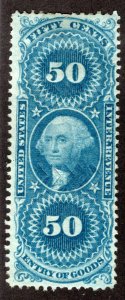 R55d, 50c, Silk, Entry of Goods, Blue, Fine, cut cancel, USA Revenue Stamp