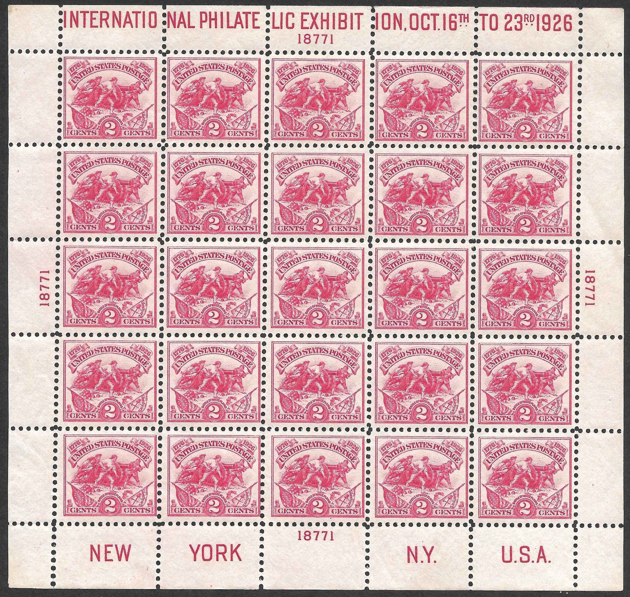 MvLH 1926 White Plains Souvenir Sheet, Scott 630* United States