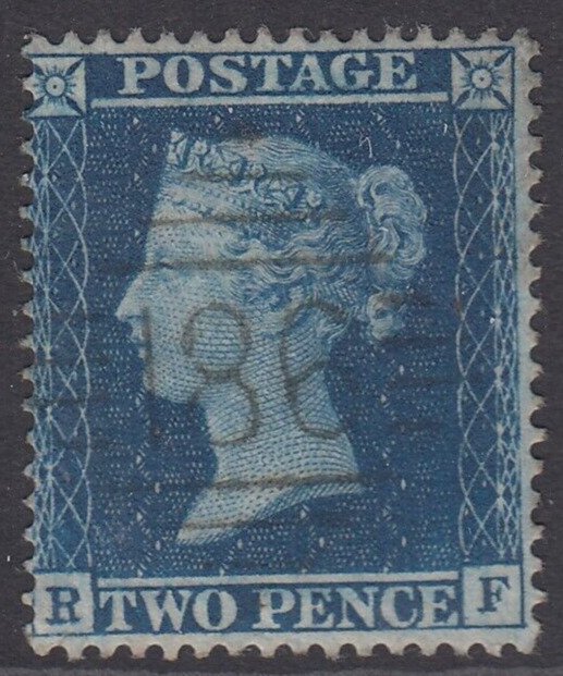 SG 36a 2d blue plate 6 lettered RF. Very fine used ‘186’ numeral (Dublin)...