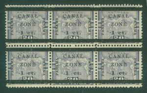 CANAL ZONE (US) 1906 Map of Panama SURCH. 1c/20c vlt Sc#16 mint MNH BLOCK of 6