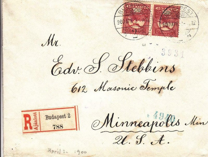 1900, Budapest, Hungary to Minneapolis, MN, Registered, See Remark (24382)