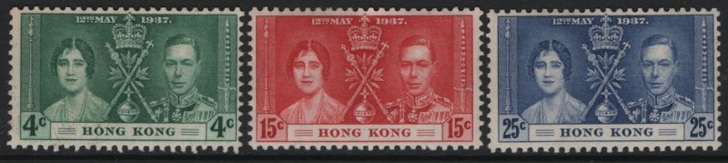 HONG KONG, 151-153, (3) SET, HINGED, 1937 Coronation Issue
