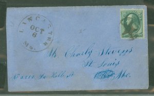 US  3cent Green-Lancaster, MA, Oct 6, to St. Louis-star in circle. Fancy CXL