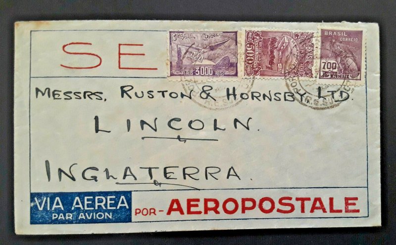 1935 Porto Alegre Brazil To Lincoln England Aeropostale Air Envelope Cover