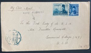 1948 Alexandria Egypt Airmail Cover To The First Lady Greenwich Village NY Usa