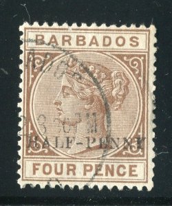 BARBADOS; 1892 early classic QV HALF PENNY issue fine used on 4d. value