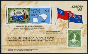 Samoa 533, MNH. Michel 435 Bl.22. ZEAPEX-1980. Flags. Symbolic bird.