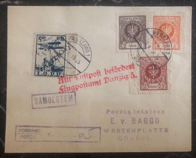 1925 Warsaw Poland Airmail Cover to Gdańsk Airmail Stamps Lotnicza