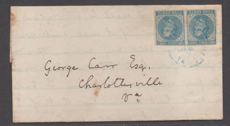 **CSA Cover, SC# 7(Pair) Charlottesville, VA 2/28/1863, 8¢ Overpayment, F/L