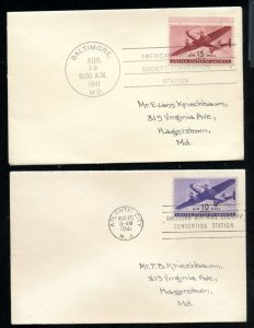 US C27,C28 10c & 15c Air Mail Transport Planes matched address no cachet FDC