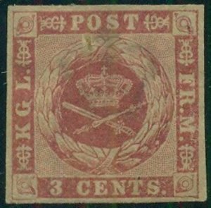 DANISH WEST INDIES #1 (1c) 3¢ carmine, brown gum, XLH, Scott $200/Facit $260 