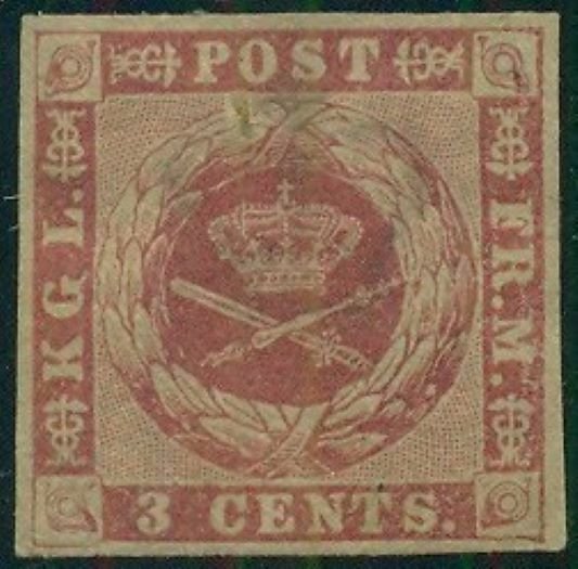 DANISH WEST INDIES #1 (1c) 3¢ carmine, brown gum, XLH, Scott $200/Facit $260 