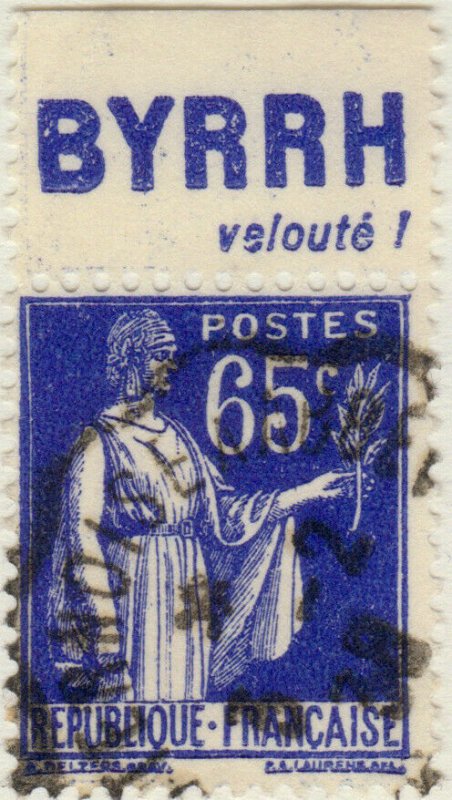 FRANCE - 1937 Pub BYRRH (velouté!) supérieure sur Yv.365b 65c Paix Obl. TB