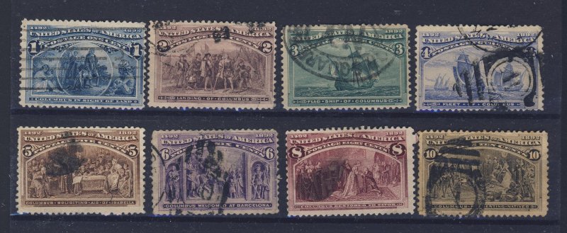 8x USA Columbus Stamps;   #230 to #237 Fine or Better Used Guide Value = $72.00