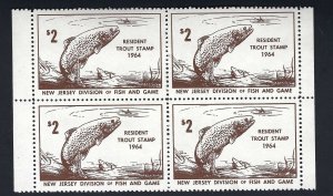 $2.00 AND $5.00 NJ TROUT STAMPS, BLOCKS OF 4, 1964