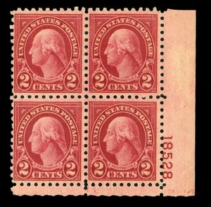 United States, 1910-30 #583 Cat$110, 1924 2c carmine, plate block of four, hi...