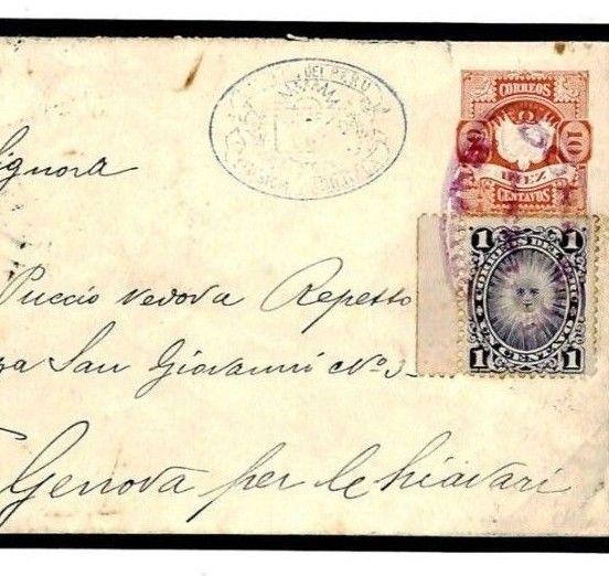 PERU Transatlantic Cover *Huanuco*Violet CDS Uprated Stationery ITALY 1893 F274a