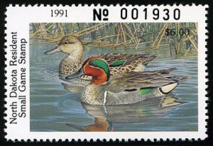 United States, Duck Hunting - State #ND59 Cat$12.50, North Dakota, 1991 $6 Gr...