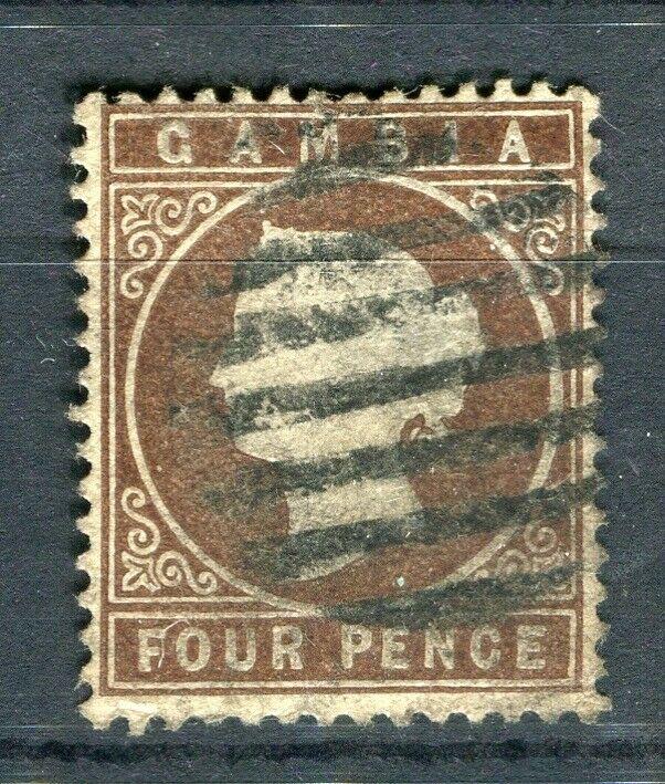 GAMBIA; 1886 early classic QV Crown CA issue fine used 4d. value, 