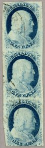 US Scott#9 XF lightly cancelled 1851 1c type IV, vertical strip, pos 73,83,93R1L