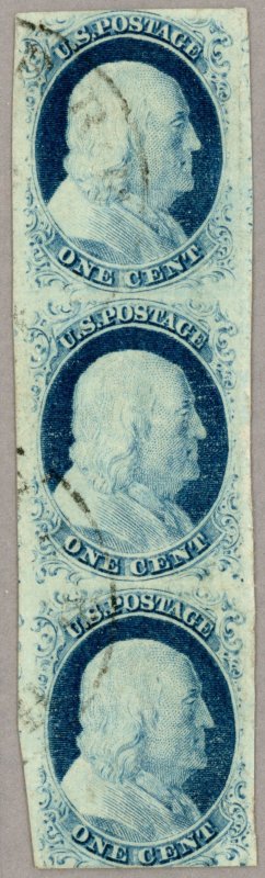 US Scott#9 XF lightly cancelled 1851 1c type IV, vertical strip, pos 73,83,93R1L