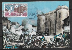 FRANCE STAMPS, 1971,  MAXI CARD MC MAXIMUM CARD CAPTURE OF THE BASTILLE 