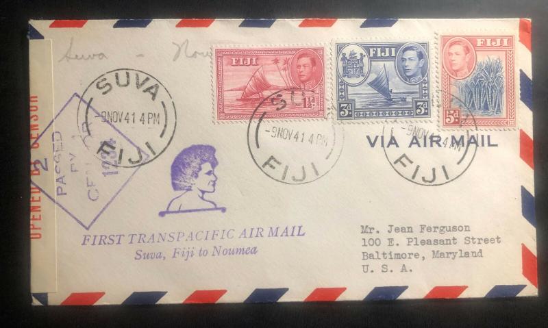 1941 Suva Fiji First Flight Censored Cover FFC to Baltimore Me USA via Noumea