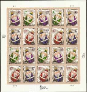 US #3883 - 86, 37c Santa Ornaments, Sheet, VF mint never hinged, fresh   STOC...