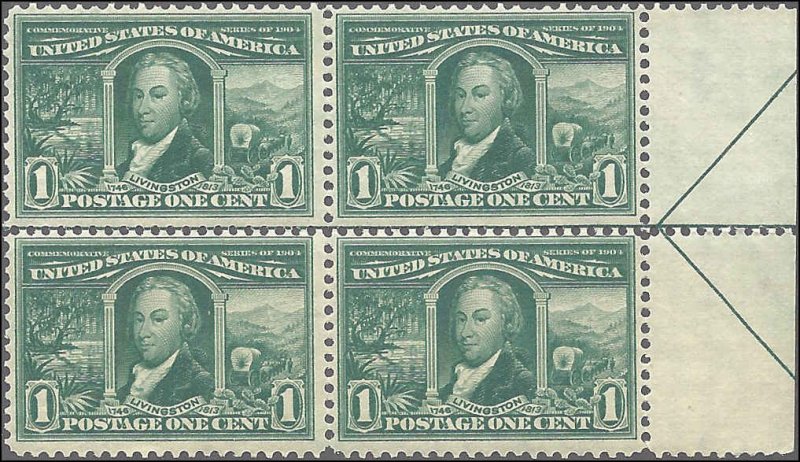 323 Mint,OG,NH... Arrow/Centerline Block of 4... SCV $240.00