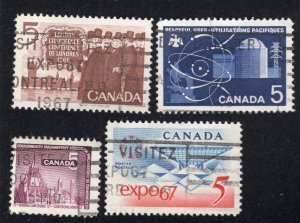Canada 1966-68 Group of 4 Commemoratives, Scott 448-450, 489 used, value = $1.00