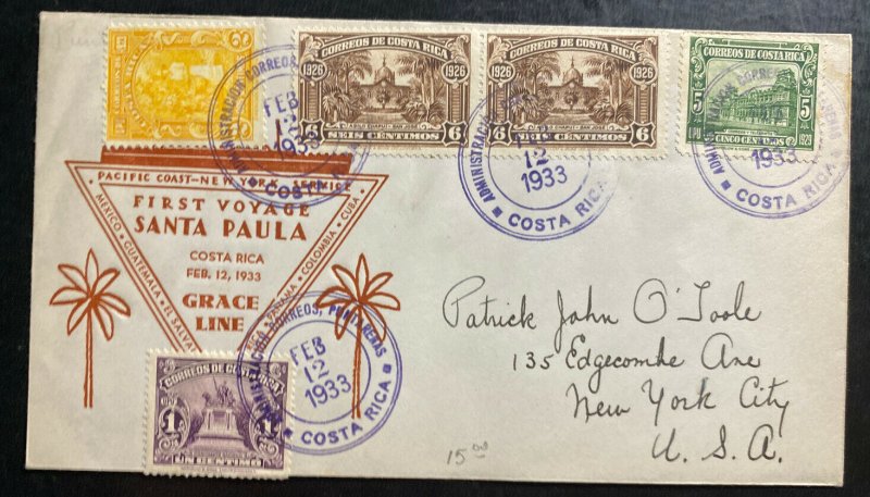 1933 Costa Rica First Voyage Cover To New York Usa  Santa Paula Grace Line