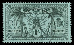 New Hebrides 1911 'Weapons & Idols' 1s black/green very fine used. SG 26. Sc 23.