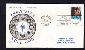 Canada #502  (1969 5c Christmas issue) Rosecraft-A cachet FDC addressed - typed