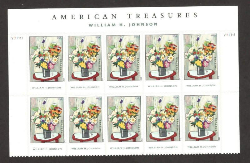 4653 Flowers, By William H. Johnson Plate Block Of 10 W/Header MNH SHIPS FREE