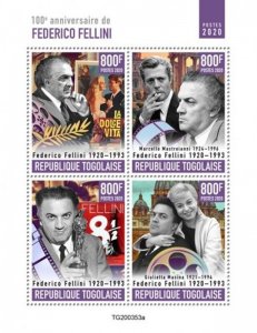 Togo - 2020 Italian Director Federico Fellini - 4 Stamp Sheet - TG200353a