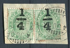 INDIA; Early 1900s Ed VII surcharged issue ' 1/4a. ' on PAIR ON PIECE