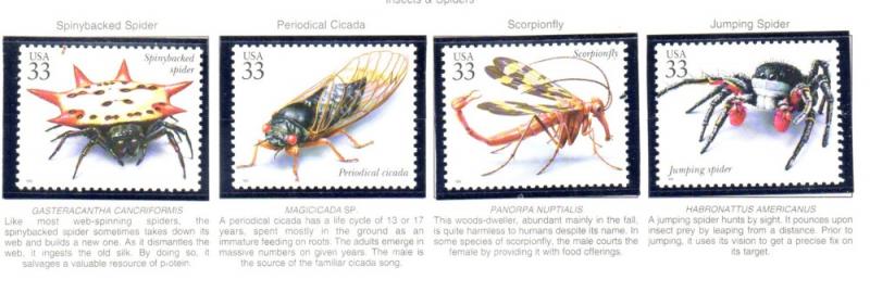 US Sc 3351a-t 1999 Insects & Spiders stamp set singles mint NH