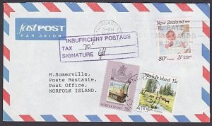 NORFOLK IS 1990 cover large size INSUFFICIENT POSTAGE handstamp ex NZ......a3096