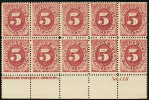 J25, Mint VF OG NH 5¢ Scarce Plate Block of Ten Stamps CV $1450.00 - Stuart Katz
