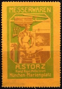 Vintage Germany Poster Stamp A. Storz Knife Ware Munich Marienplatz (Blacksmith)