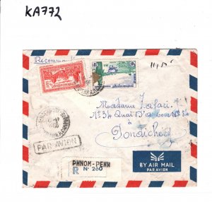 CAMBODIA Air Mail Cover Phnom-Penh Registered FRENCH INDIA Pondichery 1960 KA772