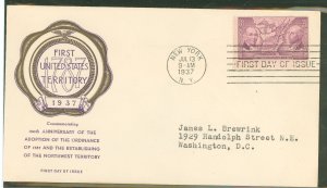 US 795 1937 3c Northwest Territory/ordinance of 1787) on an addressed (typed) FDC with a rice cachet