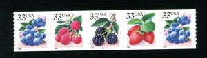 3302 - 3305 Fruit Berries Coil Plate Number Strip of 5 33¢ Stamps MNH P2222