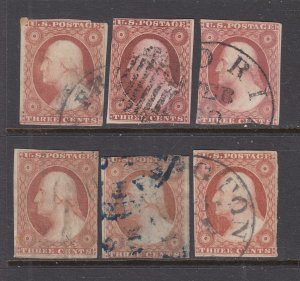 US #11s and 11As 6x 3c Washington  (Used group)  cv$90.00