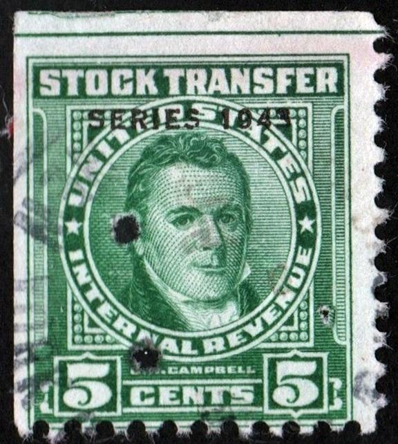 RD143 5¢ Stock Transfer Stamp (1943) Punched