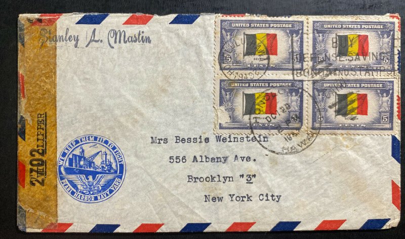 1942 Pearl Harbor Navy Honolulu Hawaii Censored Airmail Cover To Brooklyn NY USA