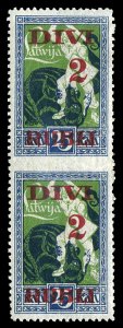 Latvia #93var, 1920 2r on 25k, vertical pair imperf. between, lightly hinged