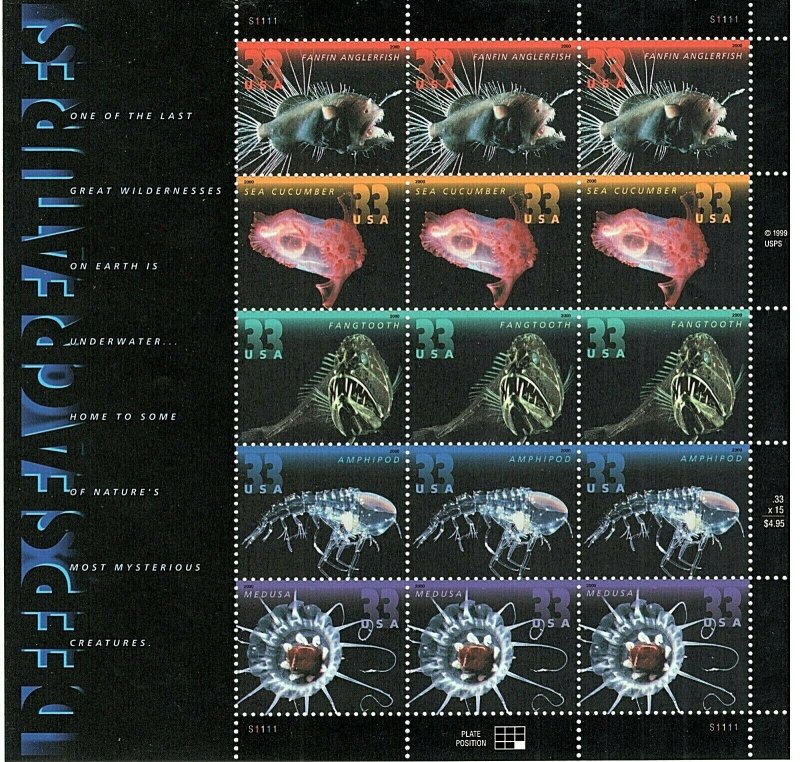 Sc # 3439-3443 ~ Full Pane ~ 33 cent Deep Sea Creatures Issue (ee31)